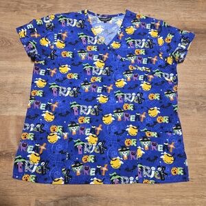 Cassandra O Halloween Themed Large Scrub Top Trick Or Treat Bat Pumpkins
